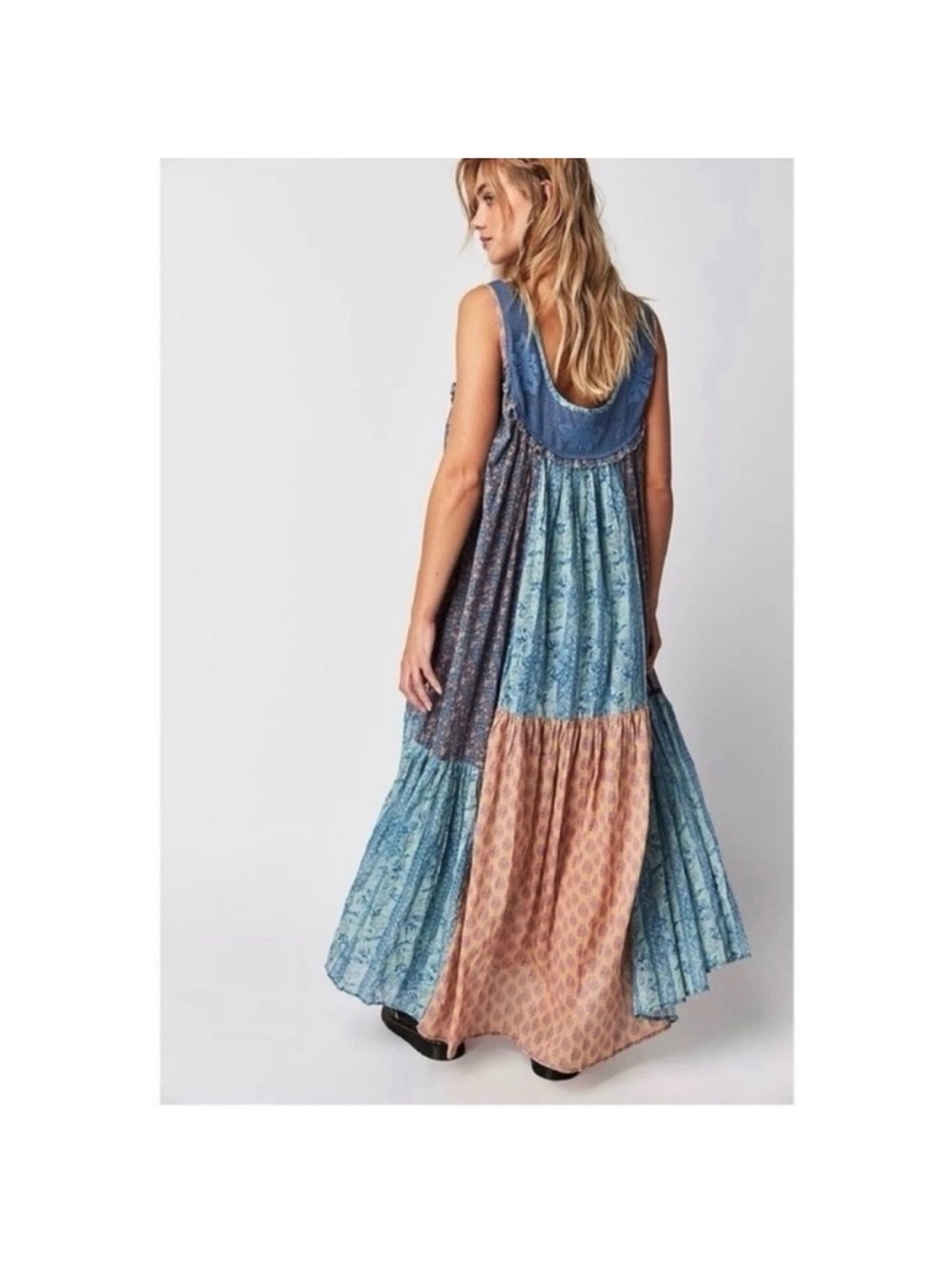Bohemian Patchwork Maxi Dress in Blue & Peach Free people lost palms small - Picture 2 of 11
